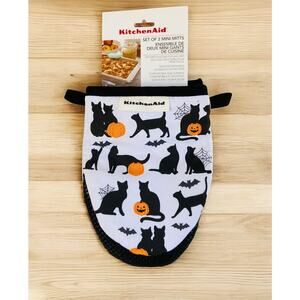 NEW Kitchen Aid Black Cat Pumpkin & Spider Web Cotton Mini Oven Silicone Mitts